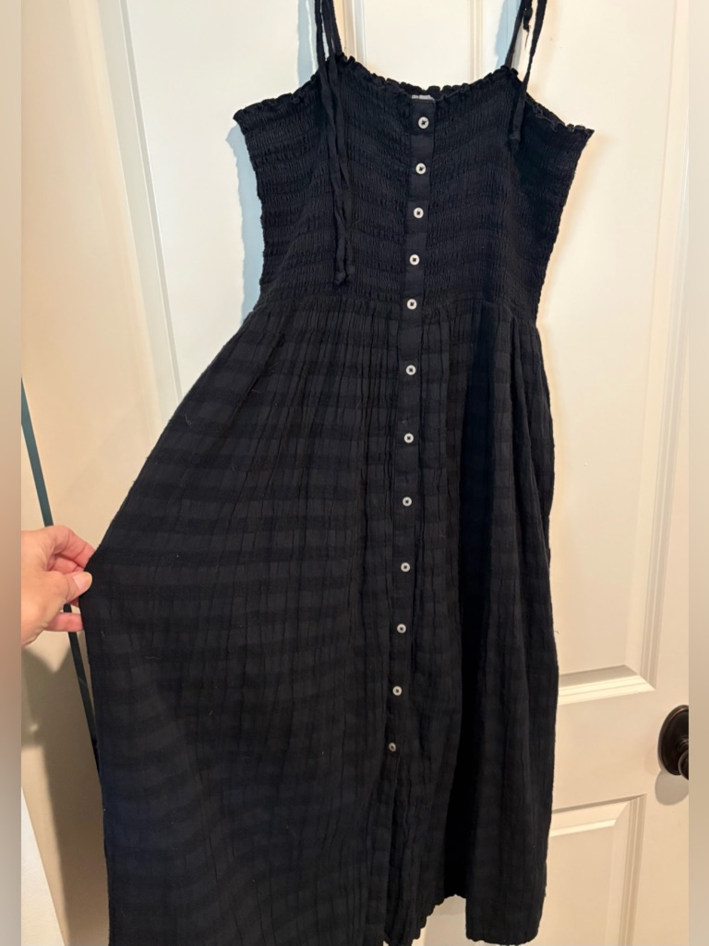 aerie Black Button-Front Smocked Midi Dress. Size small